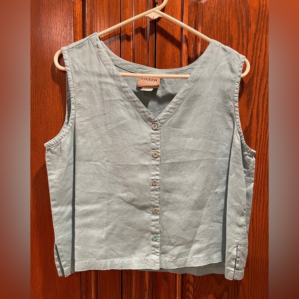 Eileen Fisher Vintage Light Teal Linen Button Vest & Shorts outfit or separates. - Picture 6 of 13
